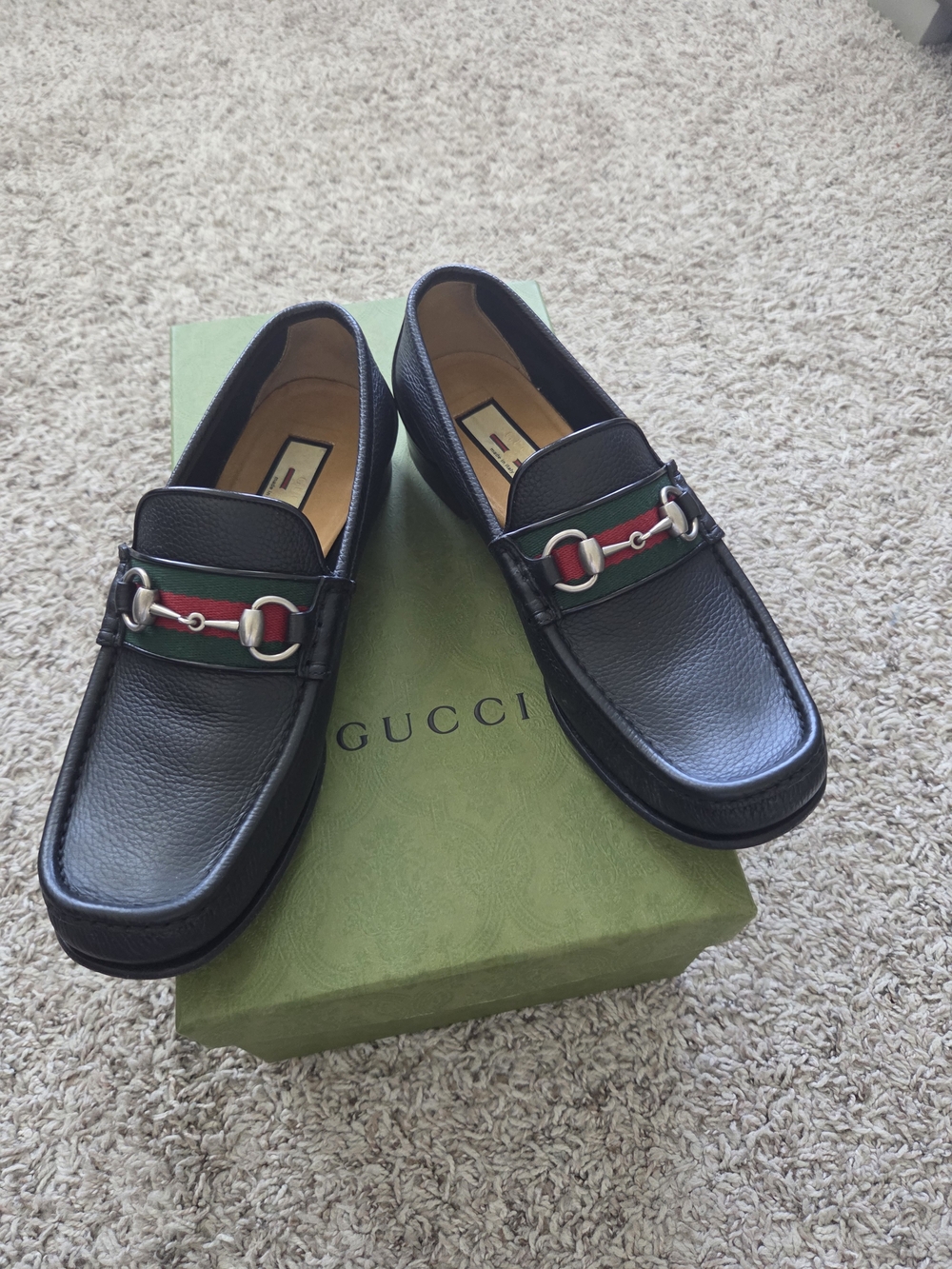 Gucci Black Leather Horsebit Loafers with Green-Red Web